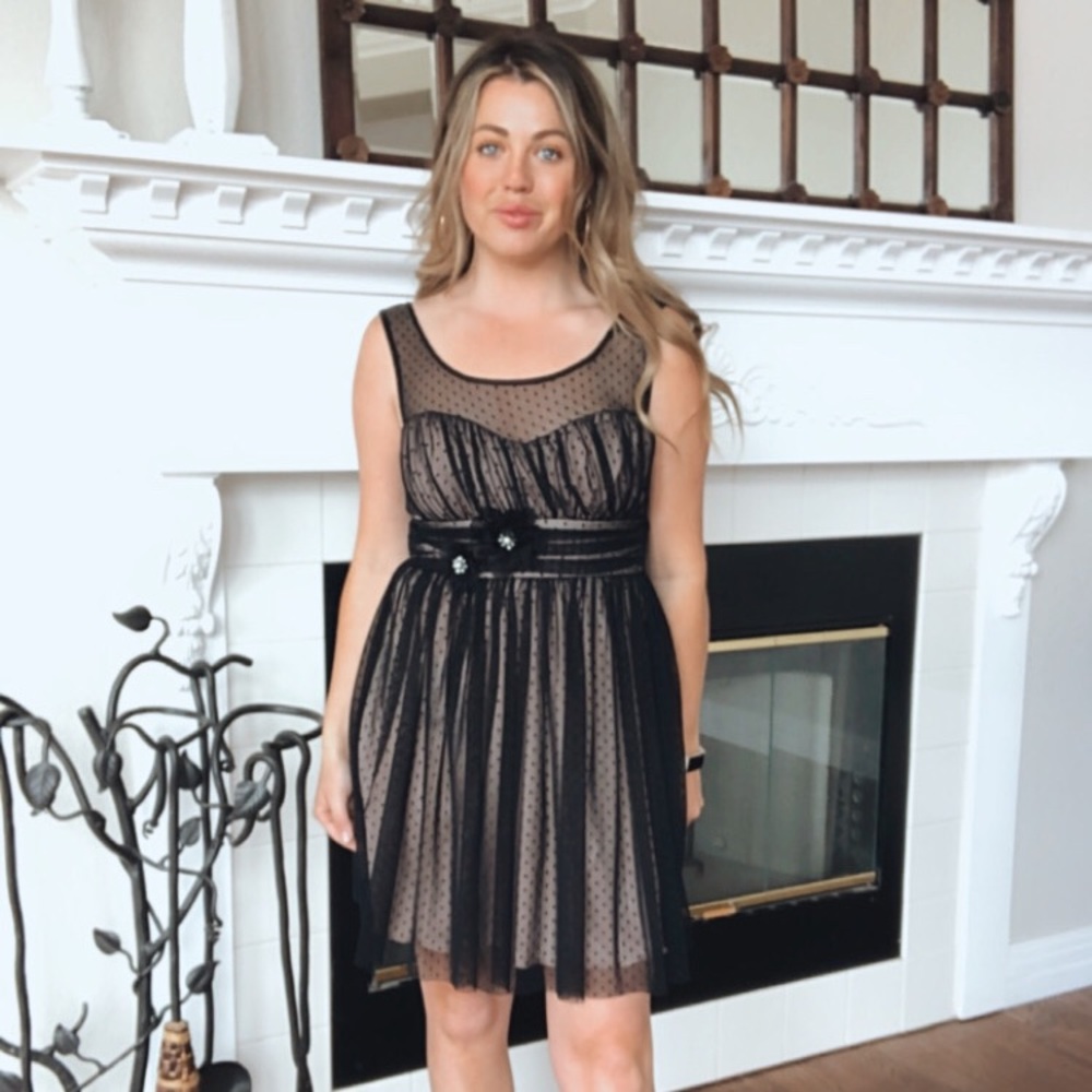BCX Black & Nude Illusion Neckline Polka Dot Dress - Picture 2 of 9